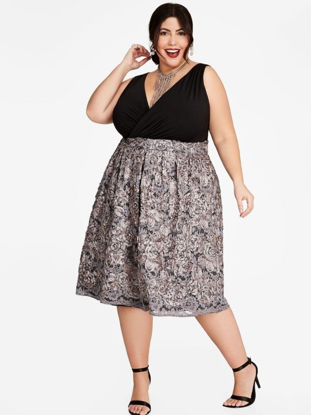 R&M Richards Black Bodice with Silver Floral Lace Midi Dress